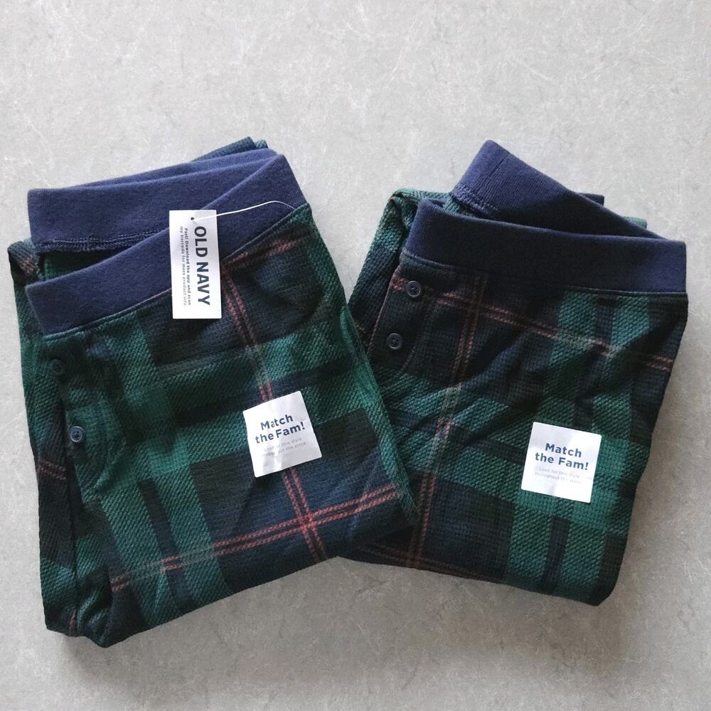 Old Navy Christmas Thermal Pajama Pants XS/S Green Plaid Family Match Xmas 2pcs